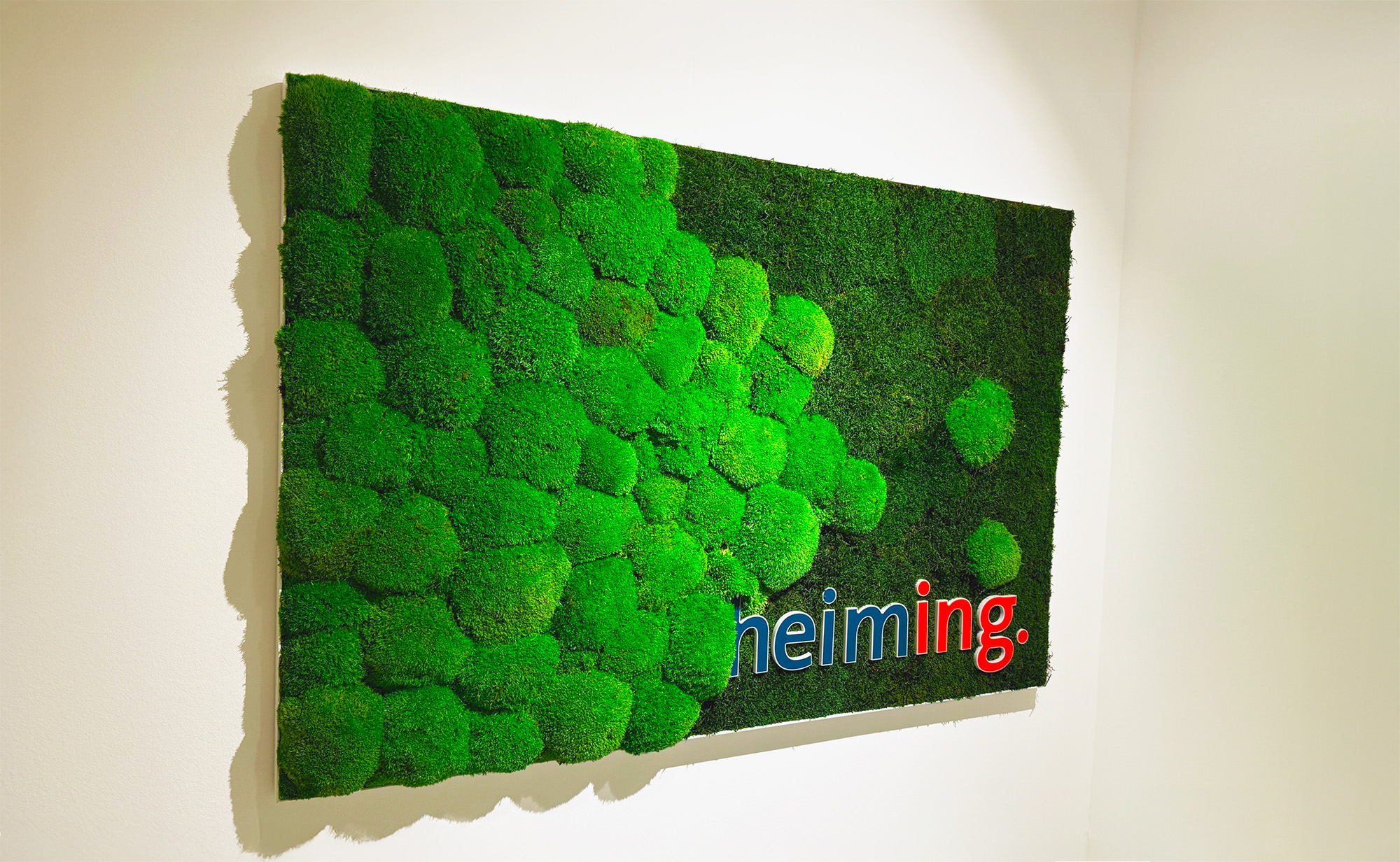 3D Elemente auf Moos-Untergrund zur Innenraumgestaltung - hier das Referenzbild des Kölner Werbetechnik-Unternehmens KBZ Sturm & Partner GmbH.